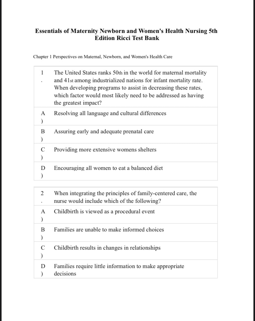 Essentials of Maternity, Newborn, and Women’s Health Nursing, 5th Edition by Ricci - Test Bank