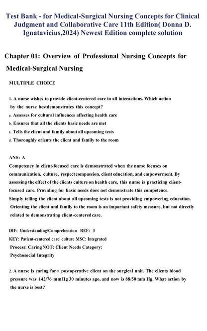 Test bank MEDICAL SURGICAL NURSING:CONCEPTS FOR CLINICAL JUDGEMENT AND COLLABORATIVE CARE 11TH EDITION IGNATAVICIUS